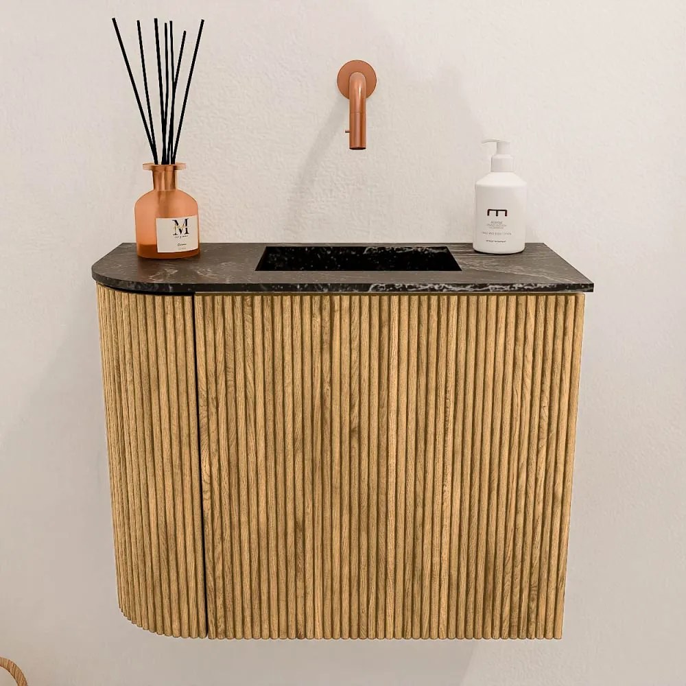 Mondiaz Joya DLux 50cm toiletmeubel ronding links oak met wastafel faye rechts zonder kraangat lava