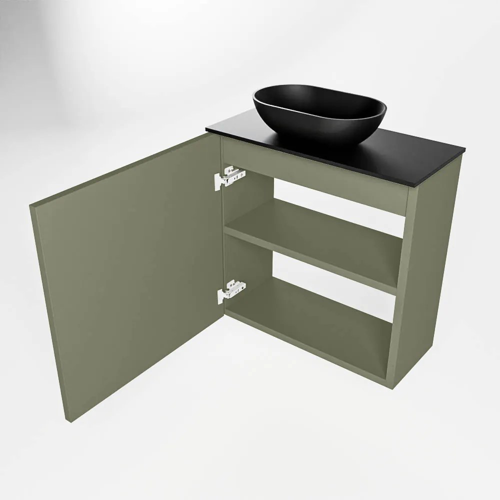 Mondiaz Fowy toiletmeubel 50cm army met zwarte waskom links en kraangat