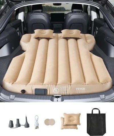 VEVOR Auto Luchtbed Geschikt voor Tesla Model Y (2020-2024), Opblaasbaar Kampeermatras, Gevlokt &amp; Verdikt Reisbed, Draagbare Slaapmat met Ingebouwde Pomp &amp; 2 Kussens, Beige