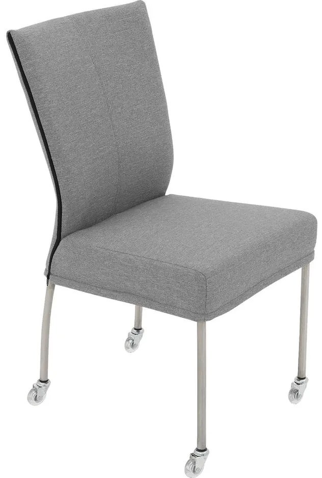 Goossens Eetkamerstoel Funk RVS Poten grijs stof leuning en Transparant skater wiel met rvs kapmet wielen, modern design