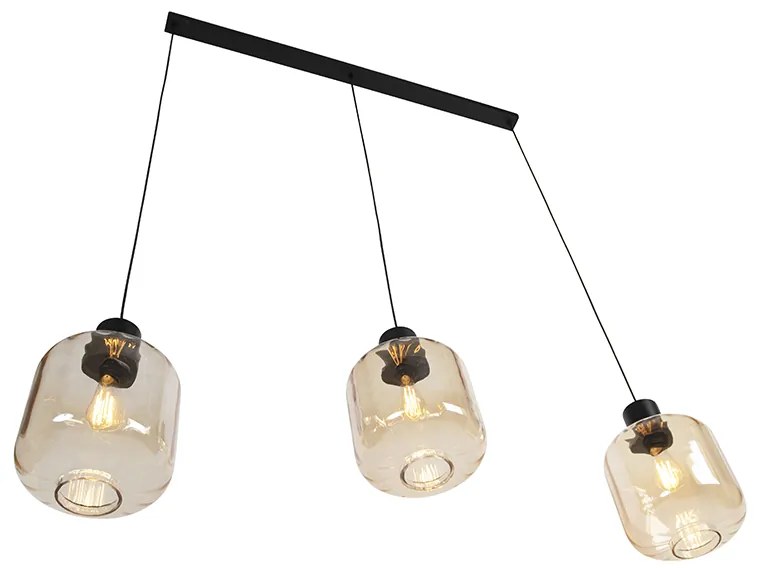 Design hanglamp zwart met amber glas 3-lichts 161,5 cm - Qara