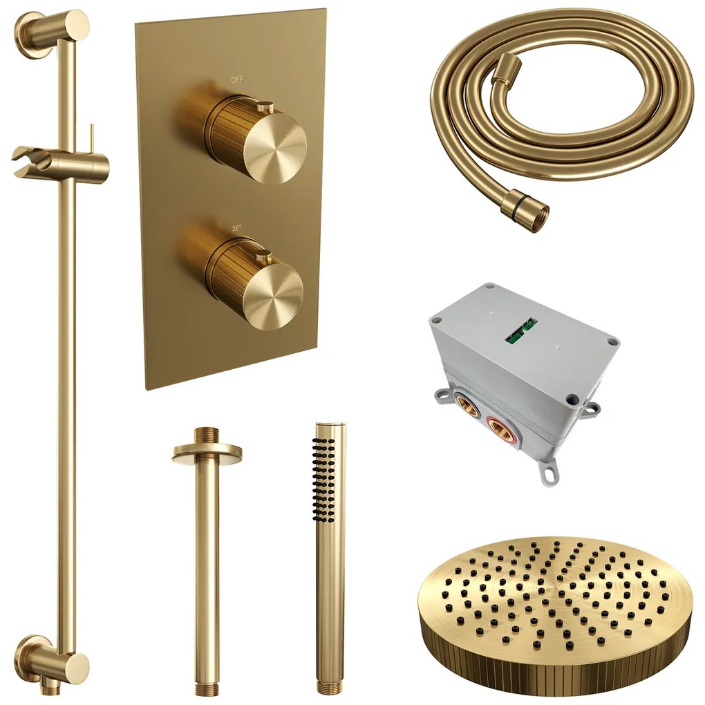 Brauer Stripe inbouw regendouche met 25cm hoofddouche, met plafondarm, glijstang en staafhanddouche set 21 messing geborsteld PVD