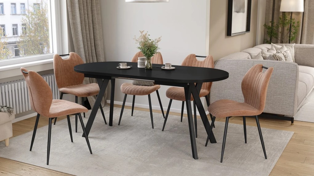 Mazzoni ALMO Zwart mat / zwarte poten - OVALE UITSCHUIFTAFEL 120-220 cm VOOR 10-12 PERSONEN