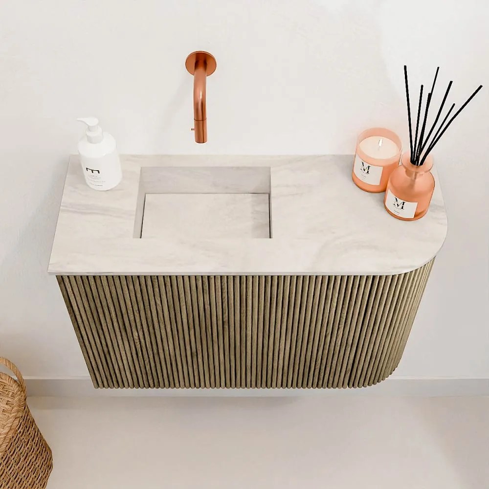 Mondiaz Joya DLux 60cm toiletmeubel ronding rechts dusk met wastafel faye links zonder kraangat ostra