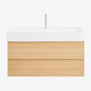 Ona Zwevend Badkamermeubelset Van Hout En Essenfineer Met Geïntegreerde Wastafel Natuurlijk Hout & Spiegelloze & Geborsteld Grijs ↑20 Cm Met Aftapkraa