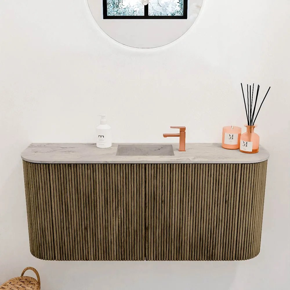 Mondiaz Joya DLux 95cm toiletmeubel ronding links/rechts dusk met wastafel faye midden 1 kraangat glace