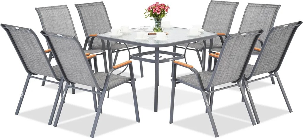 Modena/Bitonto grijs metalen tuinset voor 8 personen met Garden Point vierkante tafel