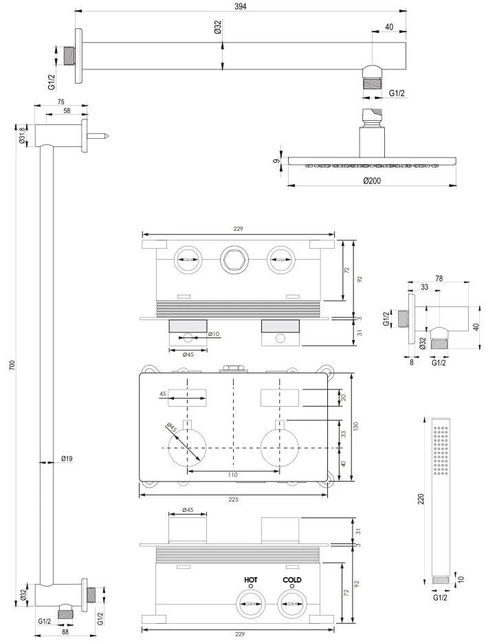 Brauer Chrome Edition thermostatische inbouw regendouche met staafhanddouche, rechte muurarm, glijstang en hoofddouche 20cm set 61 chroom
