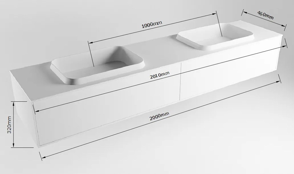 Mondiaz Erin 200cm badmeubel Clay met 2 lades en witte wastafel dubbel zonder kraangaten