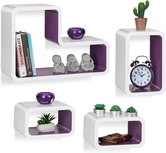 Wandboard set van 4 - wandbox modern - design wandplank - design - woonkamer Wit-Violet