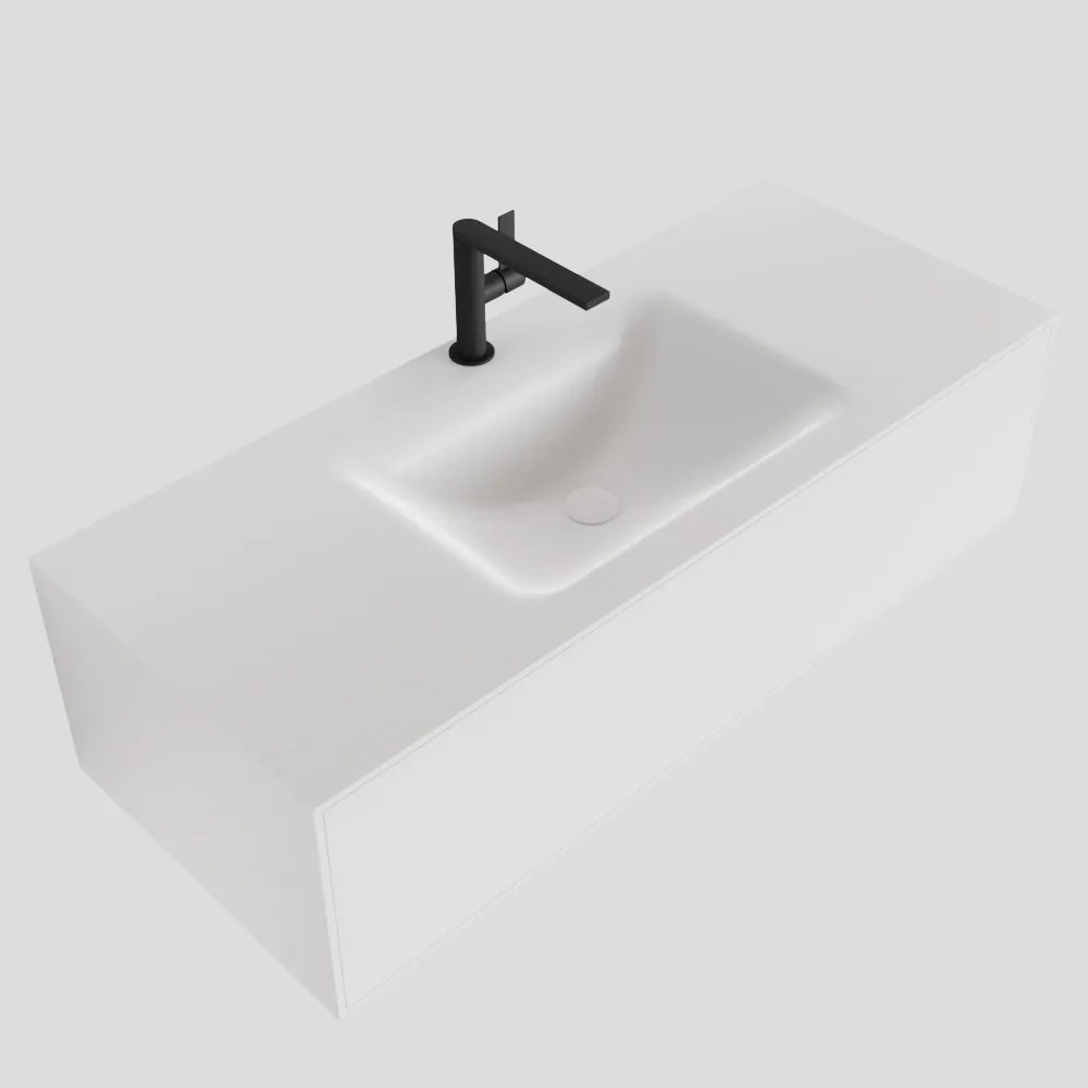 Zaro Lagom volledig naadloos solid surface onderkast 110cm mat wit met 1 lade Push tot open. Compleet met solid surface wastafel met 1 kraangat(en)