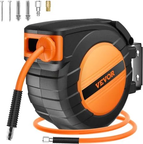 VEVOR persluchtslanghaspel, 9,52 mm x 15,24 m luchtslang, max. 300 PSI, slanghaspel met automatische oprolfunctie, plafond-/wandmontage, gesloten PP-haspel en 180° draaibare beugel