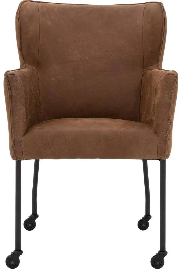 Goossens Excellent Eetkamerstoel Leogang bruin leer met armleuning en Zwart skater wiel met zwarte kapmet wielen, elegant chic