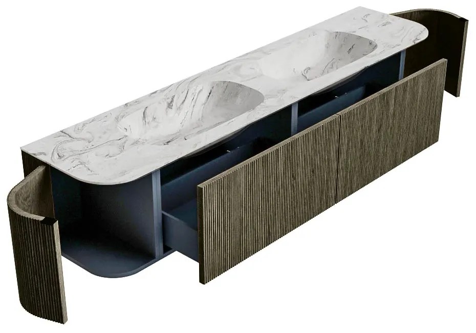 Mondiaz Kurve-dlux 200cm badmeubel ronding links/rechts shadow met 2 lades en deuren en wastafel stor small dubbel zonder kraangat glace