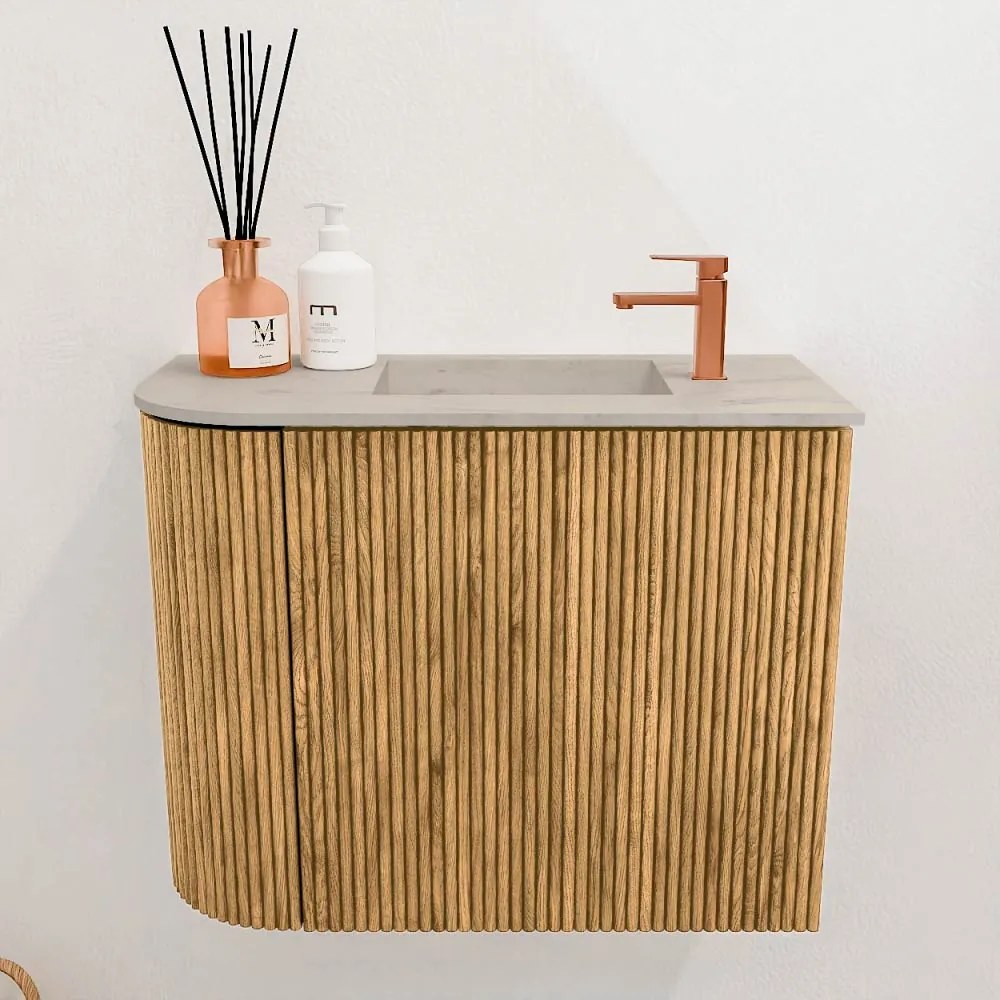 Mondiaz Joya DLux 50cm toiletmeubel ronding links oak met wastafel faye rechts 1 kraangat opalo