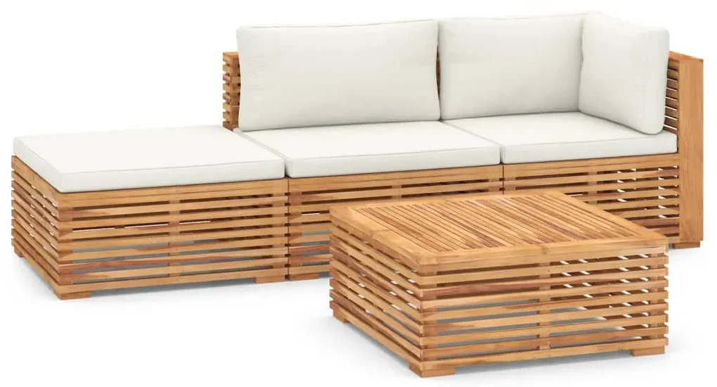 vidaXL 4-delige Loungeset met crèmekleurige kussens massief teakhout