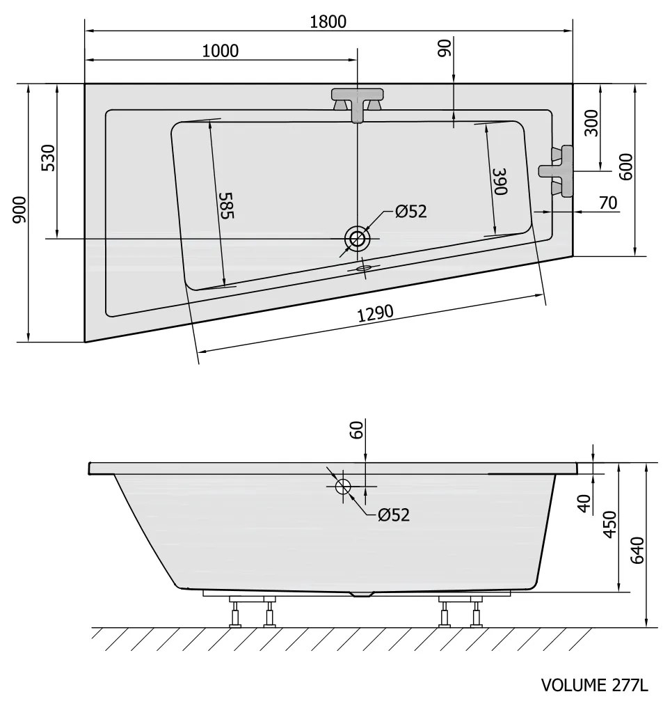 Polysan Andra asymmetrisch bad links 180x90x45cm wit