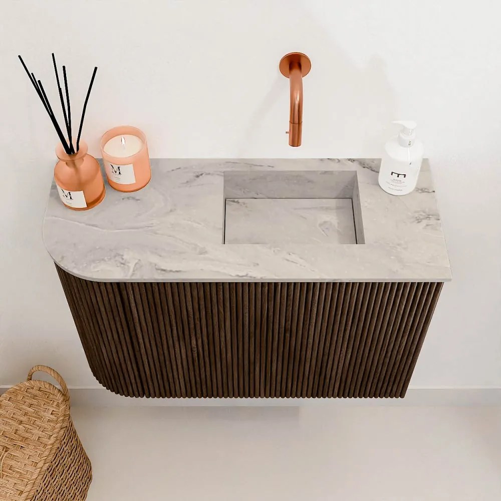 Mondiaz Joya DLux 60cm toiletmeubel ronding links walnut met wastafel faye rechts zonder kraangat glace
