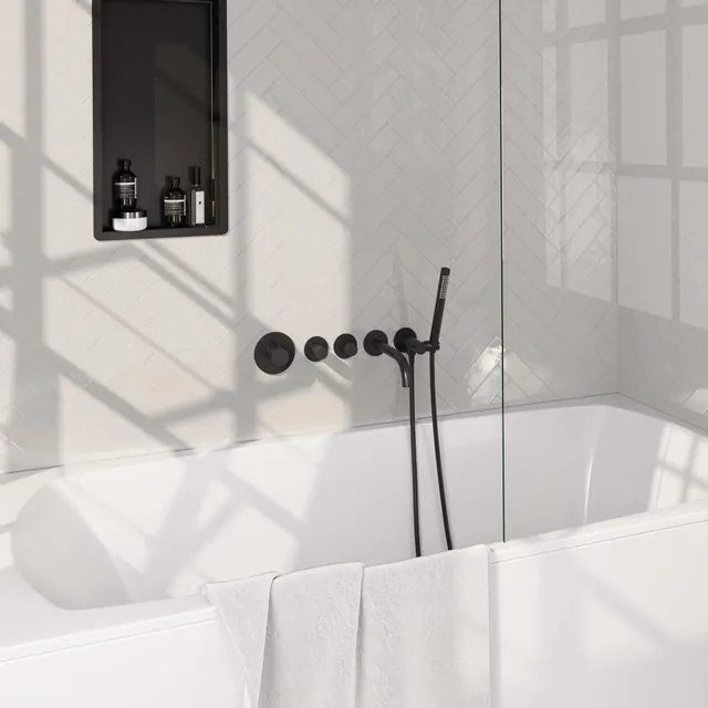 Brauer Black Carving Badkraan inbouw - douchegarnituur - 20cm uitloop - met inbouwdeel - 3 carving knoppen - handdouche Staaf 1 stand - mat zwart 5-S-093