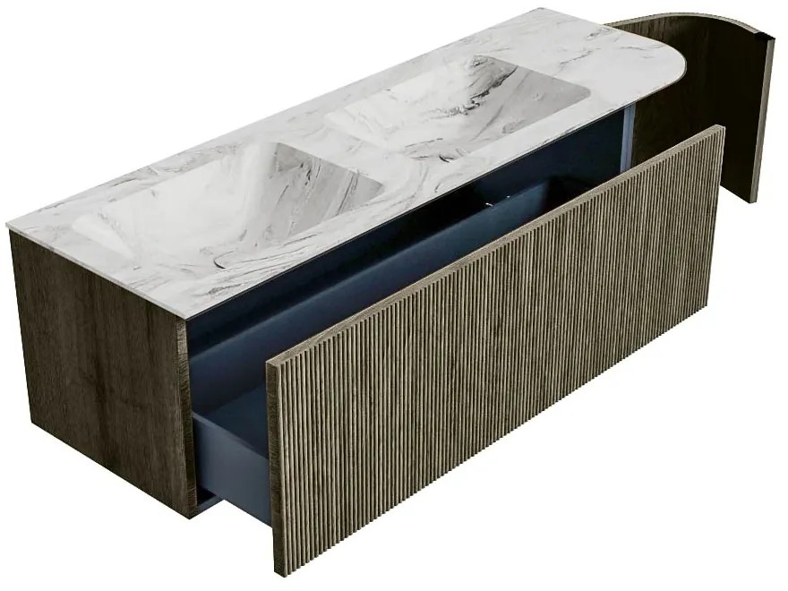 Mondiaz Kurve-dlux 145cm badmeubel ronding rechts shadow met 1 lade en deur en wastafel leaf dubbel/links 2 kraangaten glace