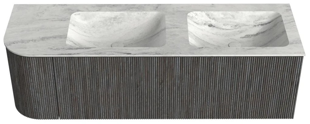 Mondiaz Kurve-dlux 145cm badmeubel ronding links shadow met 1 lade en deur en wastafel leaf dubbel/rechts zonder kraangat opalo