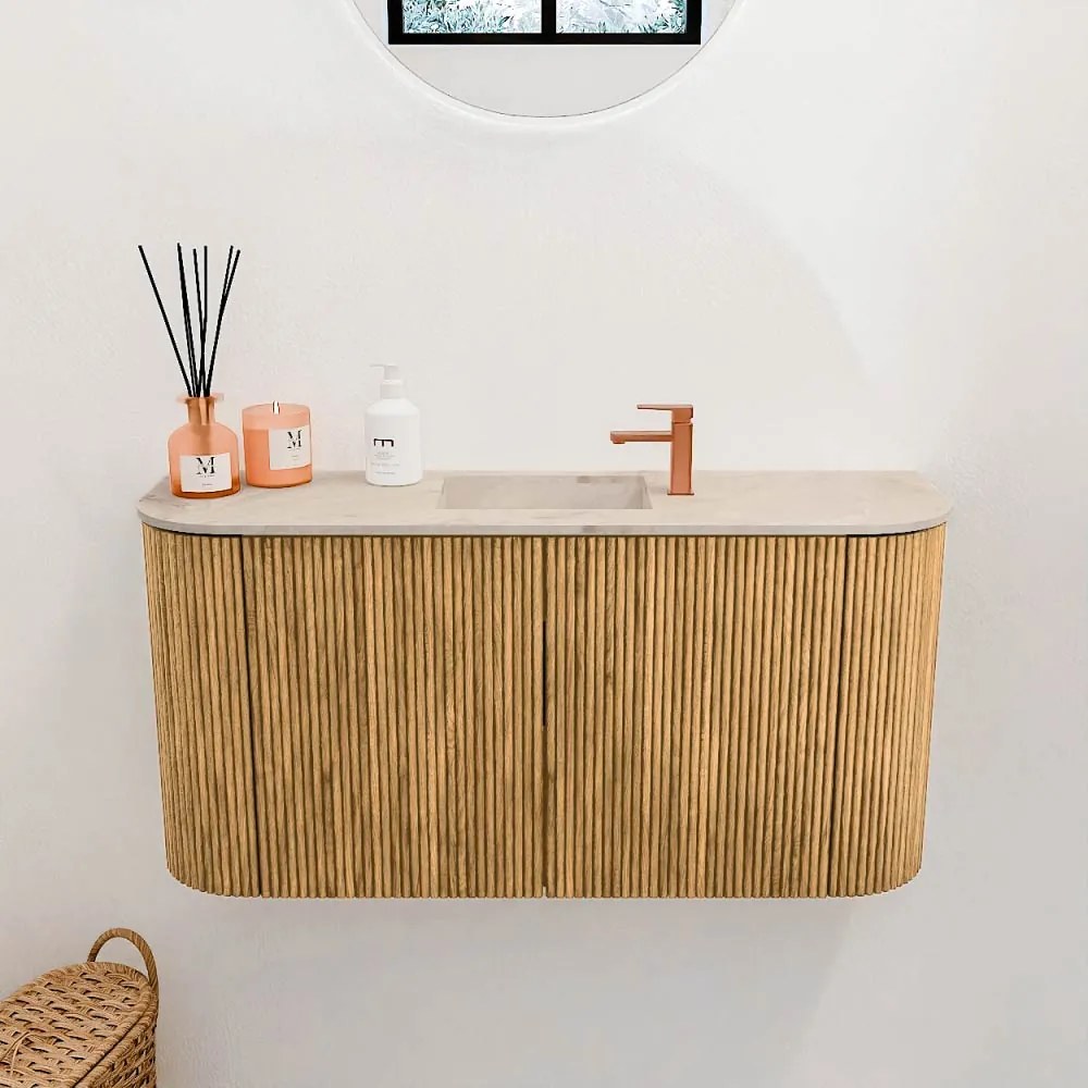 Mondiaz Joya DLux 85cm toiletmeubel ronding links/rechts oak met wastafel faye midden 1 kraangat frappe