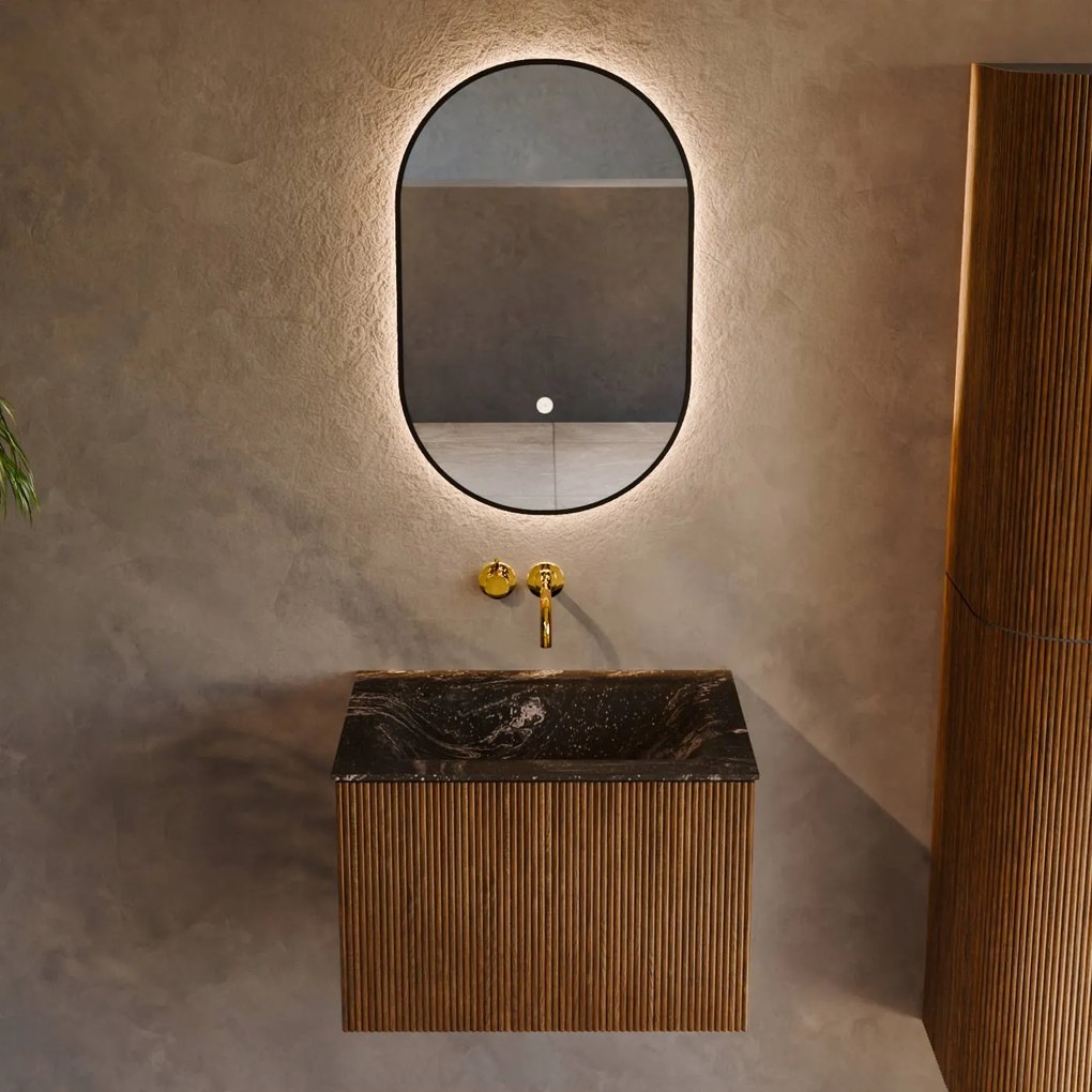 Mondiaz Kurve-dlux 60cm badmeubel dusk met 1 lade en wastafel cloud midden zonder kraangat lava