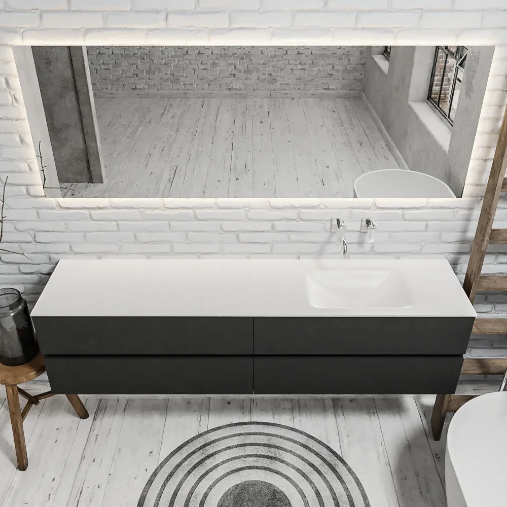 Zaro Valencia Solid Surface badmeubel 200cm mat antraciet zonder kraangat spoelbak rechts met 4 lades