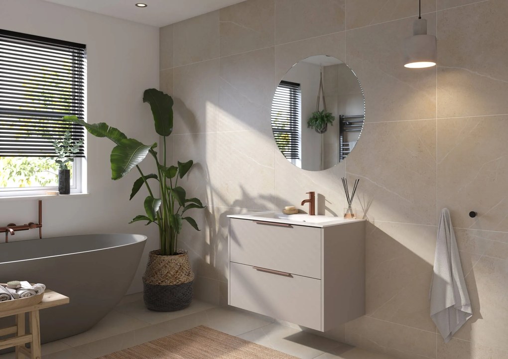 Saqu Lima badmeubel incl. glans witte keramische wastafel 80x46x61cm mat greige – koperen greep