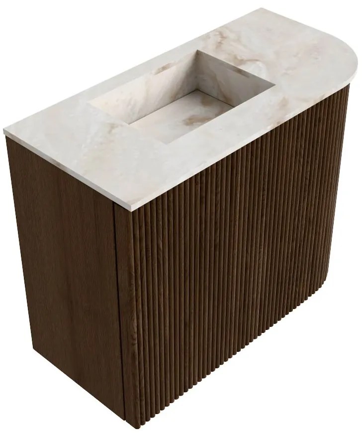 Mondiaz Joya DLux 50cm toiletmeubel ronding rechts walnut met wastafel faye links 1 kraangat frappe