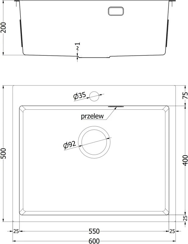 Mexen Solix roestvrijstalen spoelbak 1-komorige 600 x 500 mm, inox - 6408601000-01