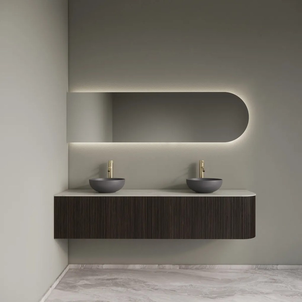 Gliss Design Alluro badmeubel ribbelfront met ronding rechts 180cm ebony en wit marmer toppaneel