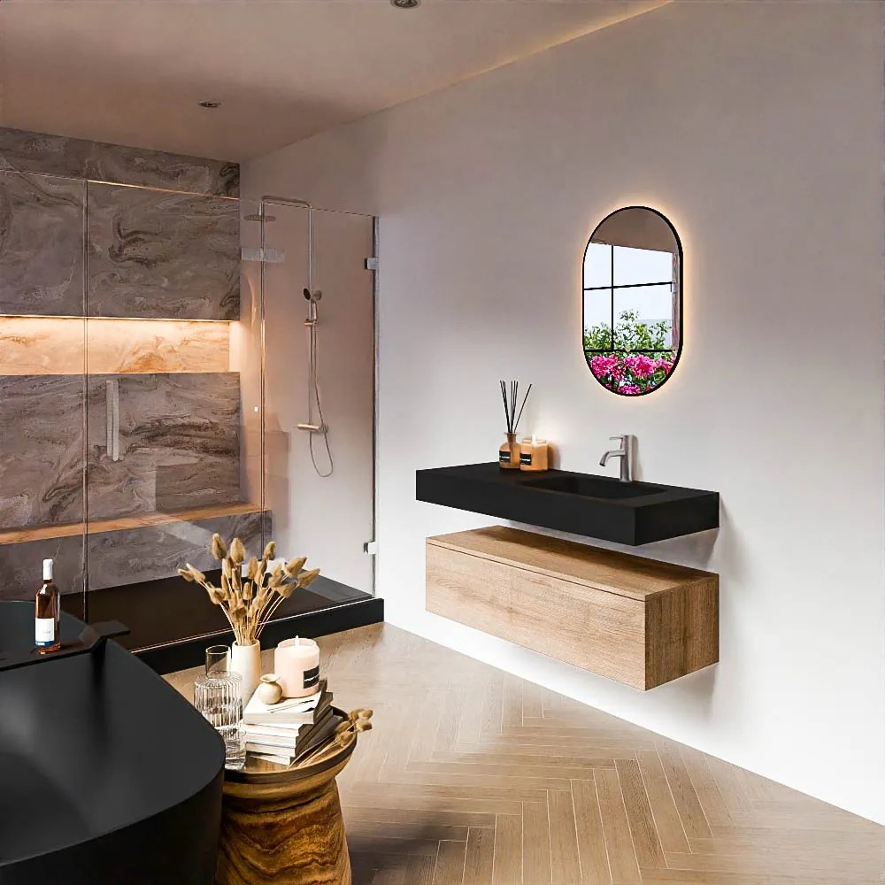 Zaro Alan badmeubel 110cm washed oak 1 lade met vrijhangende wastafel cloud rechts 1 kraangat urban