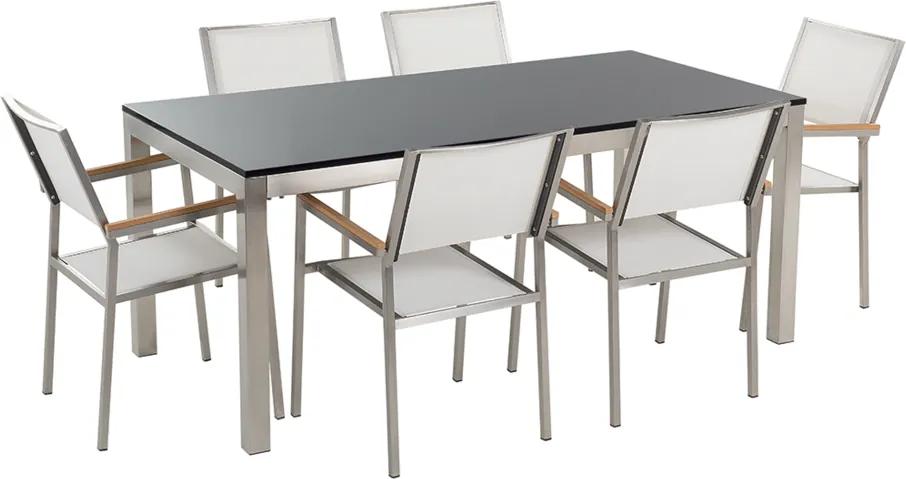 Tuinset gepolijst graniet/RVS zwart enkel tafelblad 180 x 90 cm met 6 stoelen wit GROSSETO