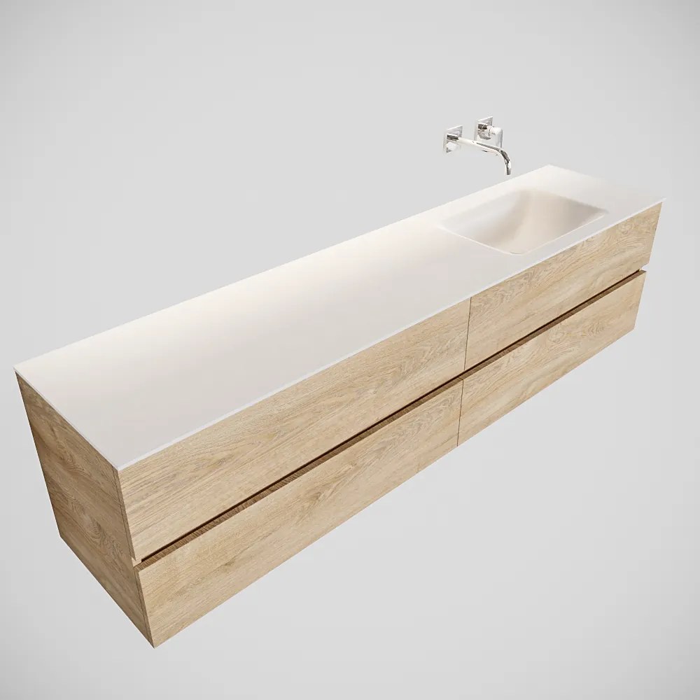 Zaro Valencia Solid Surface badmeubel 200cm Wood washed oak zonder kraangat spoelbak rechts met 4 lades