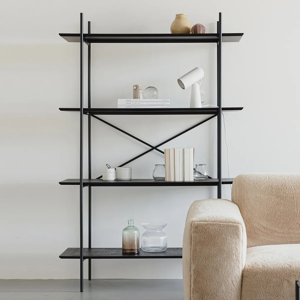 Zwarte Stellingkast Hout En Metaal - 120x40x180cm.