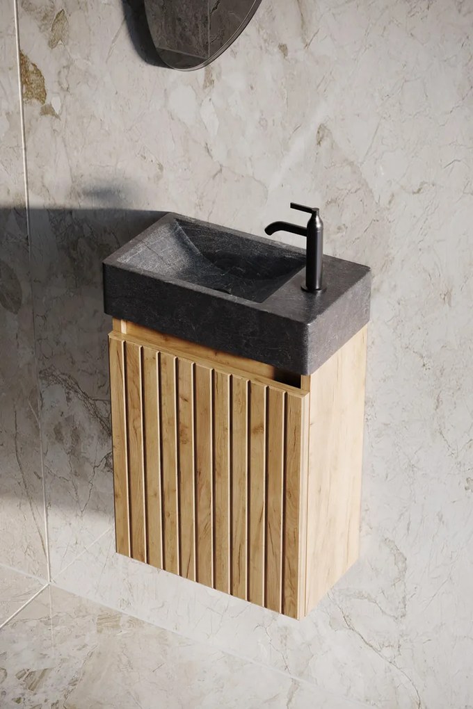 Fontana Recto toiletmeubel ribbelfront warm eiken 40x22cm met natuurstenen fontein rechts