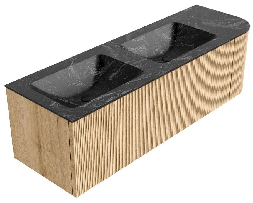 Mondiaz Kurve-dlux 145cm badmeubel ronding rechts oak met 1 lade en deur en wastafel leaf dubbel/links 2 kraangaten lava