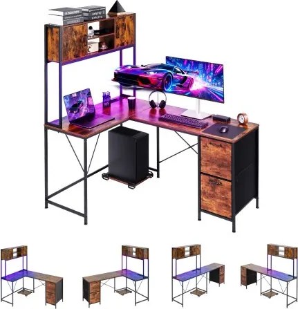 VEVOR Gaming Desk L-vormig, hoekbureau met LED-verlichting, 1,58 m hoekcomputerbureau met stopcontacten, uitschuifbare CPU-standaard en opberglades, pc-gamingbureau voor thuiswerkplek