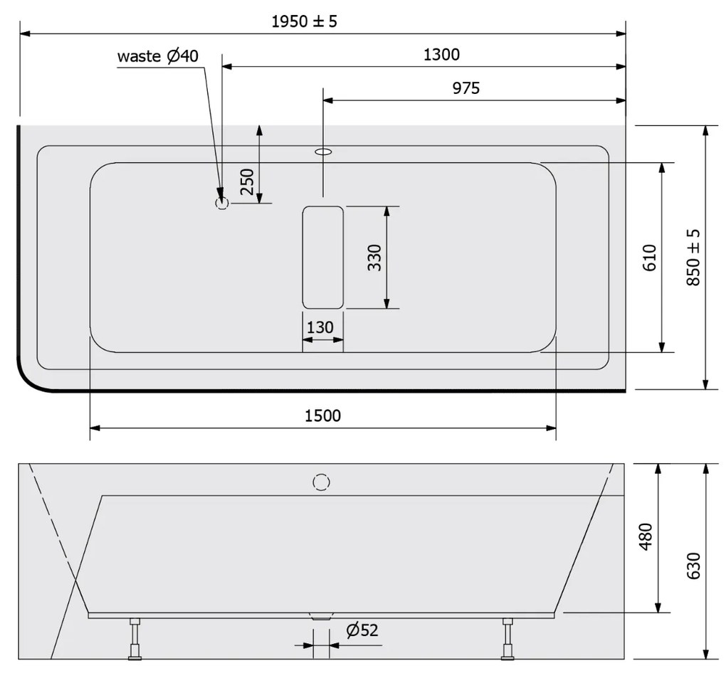 Polysan Marlene Curve ligbad rechts 195x85x63cm wit