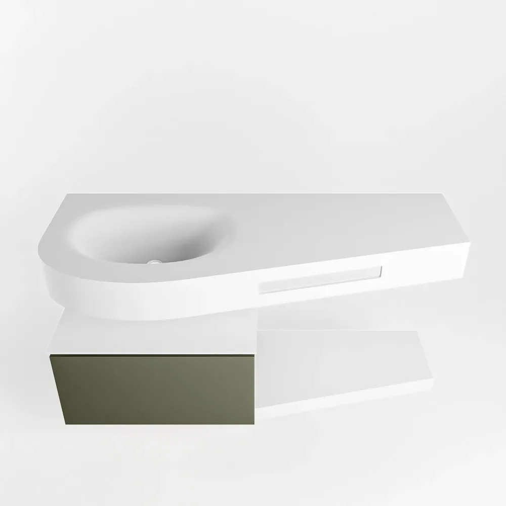 Mondiaz Riva badmeubel 120cm Army met 1 lade en wastafel links 1 kraangat Talc