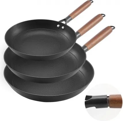 VEVOR gietijzeren koekenpannenset (205/265/310 mm), robuuste koekenpannen met afneembare houten handgreep, kookpan, keuken kookgerei, geschikt voor gas en elektrisch zwart