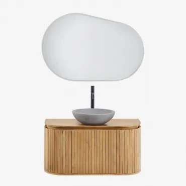 Mango Houten Badkamermeubelset Analis Natuurlijk Hout & Rond Grijs Cement Ø40 Cm Tarsis & Ovaal Led En Anticondens 100x80 Cm Riben & Zwart - Sklum