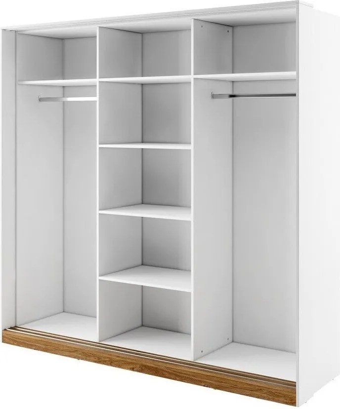 Kledingkast Livsori 106, Donkere eik, Wit, 215x220x63cm, 205 kg, Kledingkast deuren: Schuivend, Aantal planken: 6, Aantal planken: 6