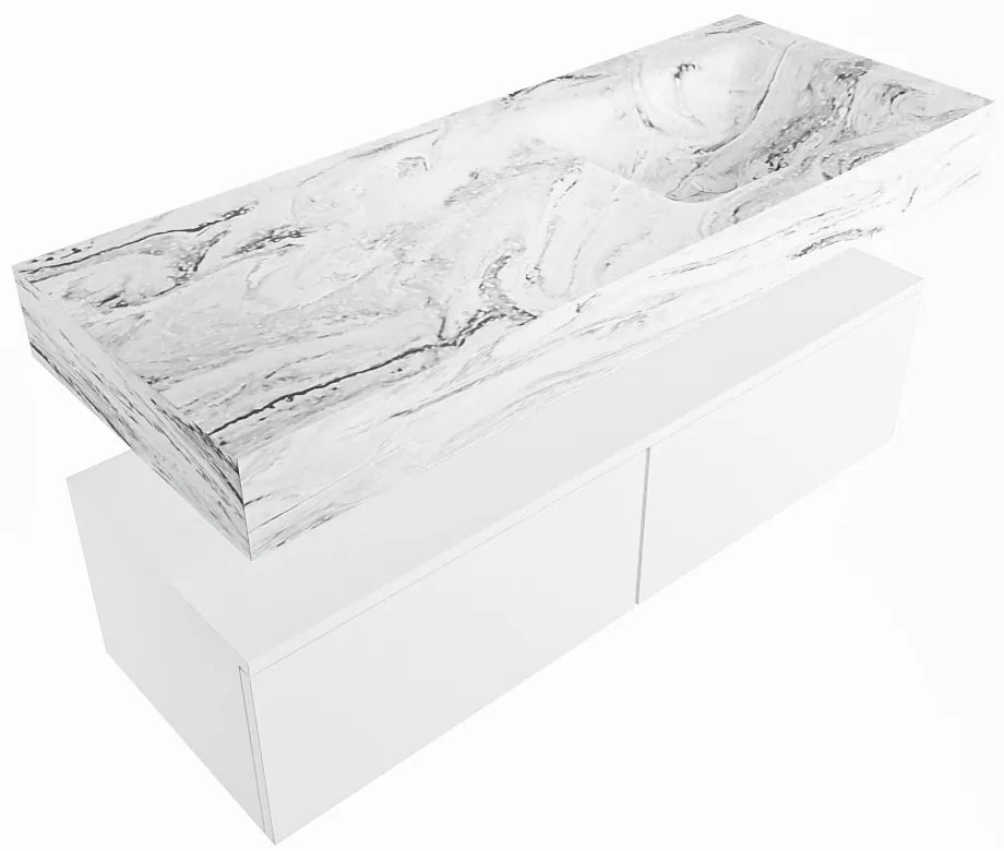 Mondiaz Alan DLux badmeubel 120cm talc 2 lades met wastafel glace rechts zonder kraangat