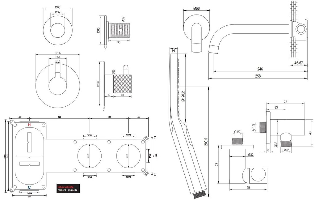 Brauer Black Carving inbouw badkraan met 3 standen handdouche mat zwart