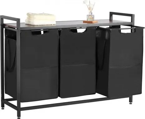 VEVOR Wasmand met houten tafelblad, wassorteerder met 3 uitschuifbare zakken (600D Oxford-stof) en metalen frame, wassorteersysteem voor vuile was Badkamer Zwart