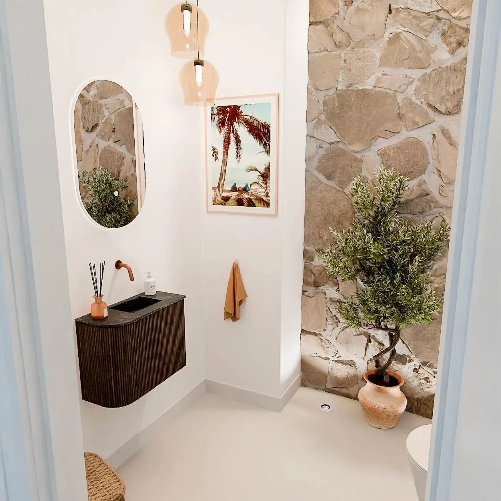 Mondiaz Joya DLux 50cm toiletmeubel ronding links walnut met wastafel faye rechts zonder kraangat lava