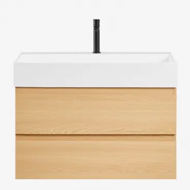 Ona Zwevend Badkamermeubelset Van Hout En Essenfineer Met Geïntegreerde Wastafel Natuurlijk Hout & Spiegelloze & ↔︎ 80 Cm & Mat Zwart ↑2 - Sklum