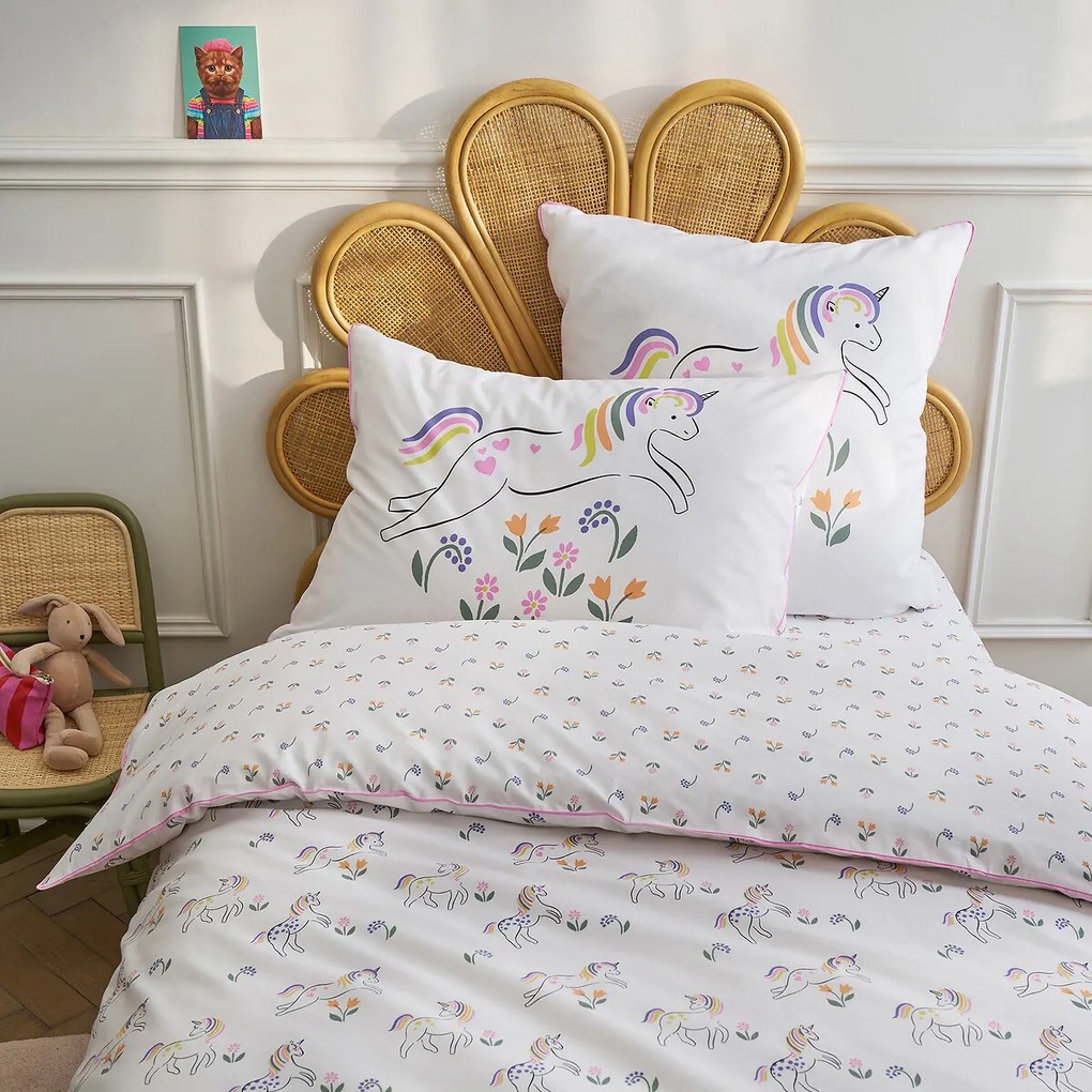 Hoeslaken voor kinderen, 50% gerecycled katoen, kap van 25 cm, eenhoornprint, TAMILA